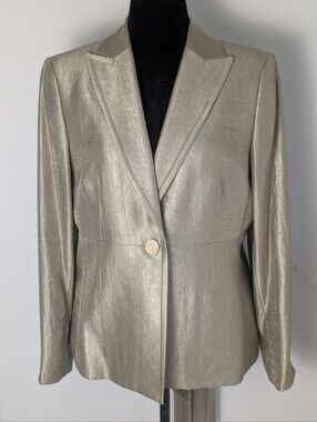Kasper One Button Women's Jacket Sz 14 Champagne Gold Metallic with Scarf EUC